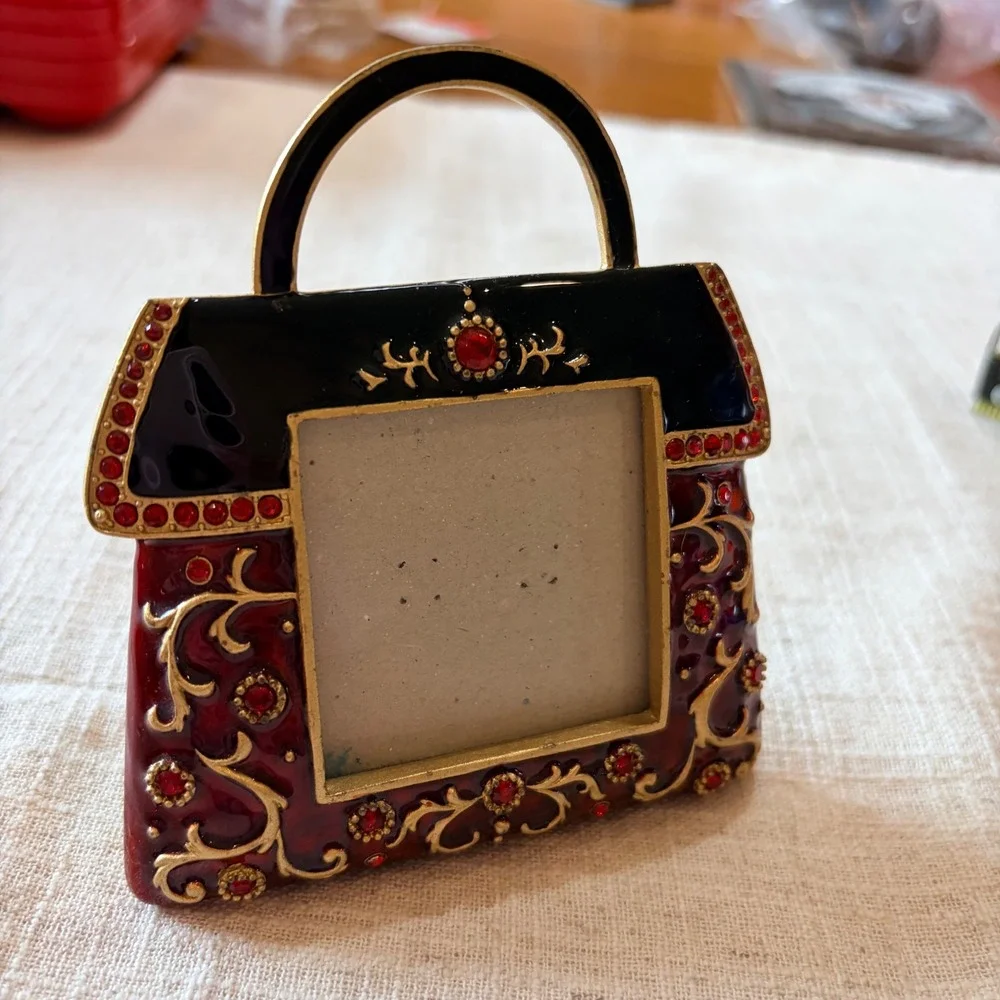 Vintage Style Handbag Mini Photo Frame Burgundy Red Enamel Rhinestone Purse 4in